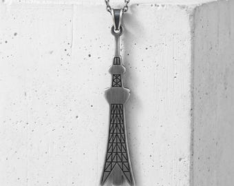 Tokyo Skytree Pendant in Oxidized 925 Sterling Silver, Japanese Architecture Landmark Necklace, Handcrafted Travel Gift