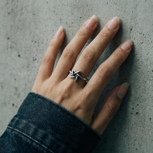 May include: A silver-toned metal ring featuring a five-pointed star design. The ring has a polished finish with darkened recessed areas to highlight the star shape. The band is thin and circular, worn on the middle finger of a hand.