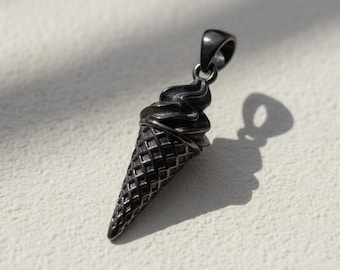Ice Cream Cone Pendant 925 Sterling Silver Black Rhodium Finish Summer Foodie Charm Necklace Unisex Gift
