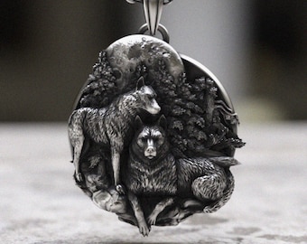 Wolf Necklace 925 Sterling Silver, Handmade Forest Scene Pendant with Moon and Pine Trees, Gothic Nature Jewelry, Wild Animal Art Gift
