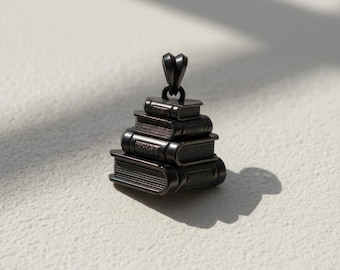 Stacked Books Pendant 925 Sterling Silver Black Rhodium Finish Dark Academia Necklace Literary Gift for Reader