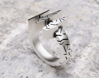 Geometric Silver Ring 925 Sterling, Modern Minimalist Three Pillar Statement Ring, Contemporary Architectural Design Unique Handcrafted Gift