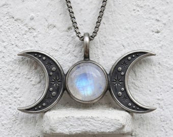 Oxidized 925 Sterling Silver Triple Moon Pendant, Moonstone Wiccan Necklace, Handcrafted Pagan Goddess Jewelry Gift