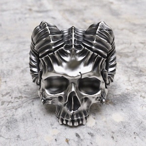 Horned Demon Skull Ring - 925 Sterling Silver Skull Biker Ring for Men