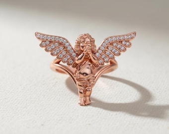 Guardian Angel Ring 925 Sterling Silver Rose Gold Plated Cherub Pave Wings Renaissance Art Jewelry Statement Ring Gift for Her