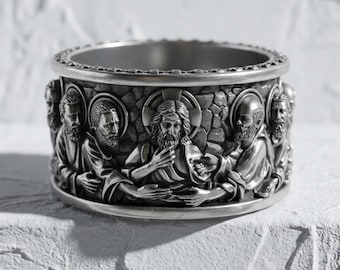 Jesus Apostles Ring 925 Silver Oxidized Catholic Band Christian Jewelry Religious Ring Handmade Biblical Gift Wide Statement Ring
