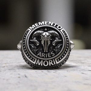 Aries Ring Sterling Silver 925, Memento Mori Zodiac Jewelry, Ram Skull Statement Ring, Gothic Mens Silver Ring, Handmade Astrology Gift