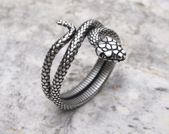 Snake Ring 925 Sterling Silver | Gothic Coiled Serpent Statement Ring | Adjustable Wrap Around Snake Jewelry | Handcrafted Reptile Ring Gift