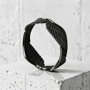 Angel Wings Ring in 925 Sterling Silver Gold Vermeil, Handcrafted Guardian Feather Band, Religious Jewelry Gift Black Rhodium Plated