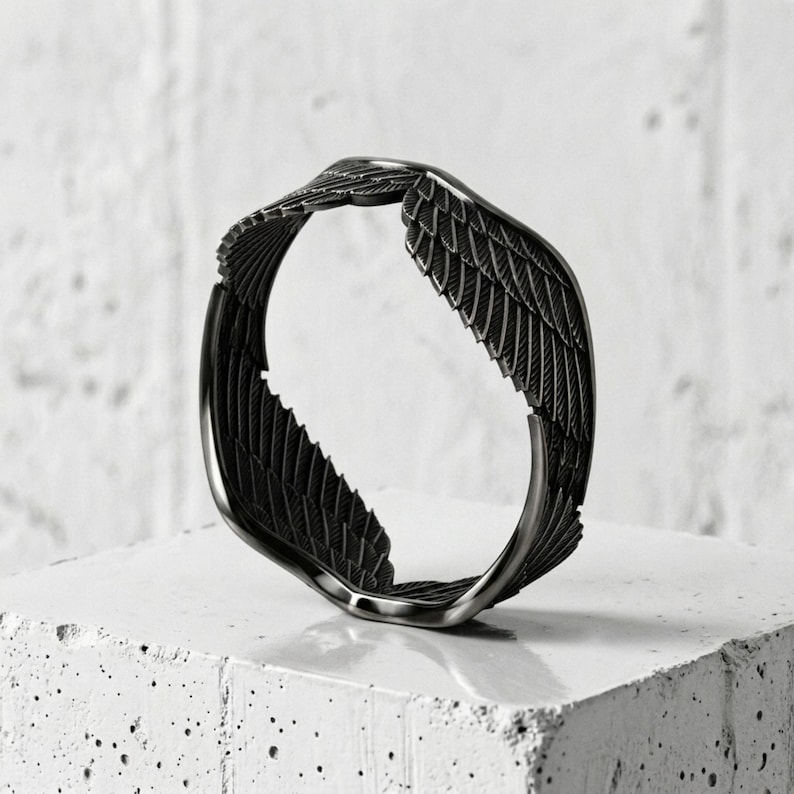 Angel Wings Ring in 925 Sterling Silver Gold Vermeil, Handcrafted Guardian Feather Band, Religious Jewelry Gift Black Rhodium Plated