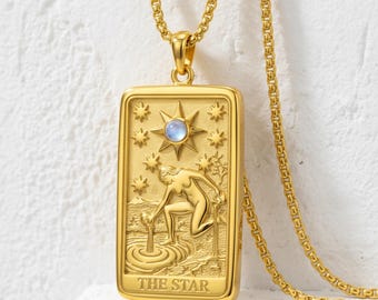 Gold Vermeil Star Tarot Pendant in 925 Sterling Silver, Moonstone Celestial Amulet Necklace
