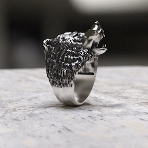 Wolf Ring 925 Sterling Silver | Howling Wolf Statement Ring | Handcrafted Viking Norse Animal Jewelry | Men&#39;s Biker Gift for Him