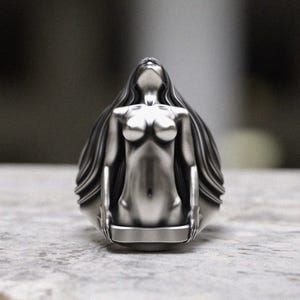 Elegant Girl Ring 925 Sterling Silver, Art Nouveau Female Figure Ring, Handcrafted Woman Statue Ring, Statement Jewelry Gift