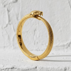 May include: A gold-coloured bracelet shaped like a snake biting its own tail. The metal surface features a detailed, textured scale pattern throughout the body, with a defined head showing eyes and fangs at the top of the circular, continuous loop.