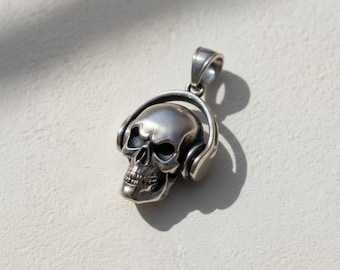 Skull Headphones Pendant 925 Sterling Silver Oxidized Finish Music DJ Necklace Gothic Biker Punk Jewelry Gift for Men