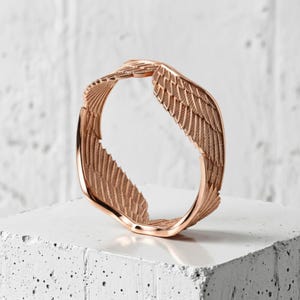 Angel Wings Ring in 925 Sterling Silver Gold Vermeil, Handcrafted Guardian Feather Band, Religious Jewelry Gift Rose Plated Silver