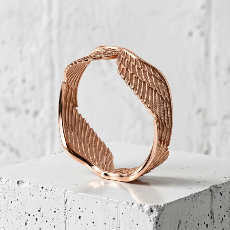 Angel Wings Ring in 925 Sterling Silver Gold Vermeil, Handcrafted Guardian Feather Band, Religious Jewelry Gift Rose Plated Silver