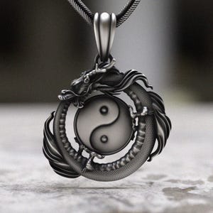 Yin Yang Dragon Pendant Sterling Silver 925, Asian Dragon Necklace with Balance Symbol, Handmade Oriental Dragon Jewelry Men Women