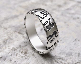 Egyptian Ring 925 Sterling Silver, Handcrafted Hieroglyphic Band Ring, Ancient Symbols Wedding Band, Mystic Amulet