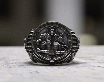 Egyptian Anubis Ring | 925 Sterling Silver Ancient Egypt Ring | Men's Mythology Signet Ring | Hieroglyphic Jewelry | Gift for Him