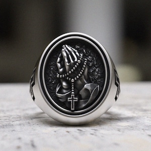 Praying Hands Ring, 925 Sterling Silver, Religious Cross Ring, Handcrafted Christian Ring, Faith Statement Ring, Spiritual Jewelry