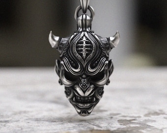 Oni Mask Pendant 925 Sterling Silver Necklace, Japanese Demon Hannya Mythology Jewelry, Gothic Asian Art Gift for Men