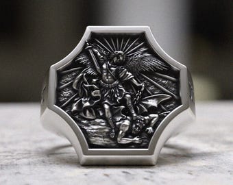 Archangel Michael Ring 925 Sterling Silver Religious Warrior Angel Statement Ring - Handmade Medieval Battle Victory Shield Gift