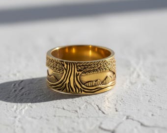 Tree of Life Ring 925 Sterling Silver Gold Vermeil Norse Mythology Yggdrasil Band Unisex Artisan Jewelry