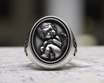 925スターリングシルバーエンジェルリング | ハンドメイド天使ベビーメンズシグネットリング | 宗教的守護ジュエリー | シルバーステートメントリング