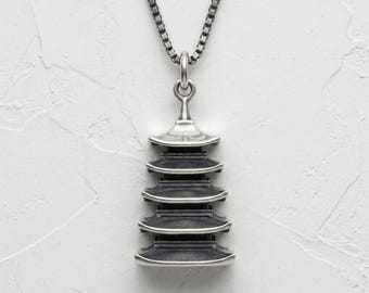 Japanese Pagoda Pendant in 925 Sterling Silver, Oxidized Asian Temple Necklace, Handcrafted Cultural Jewelry
