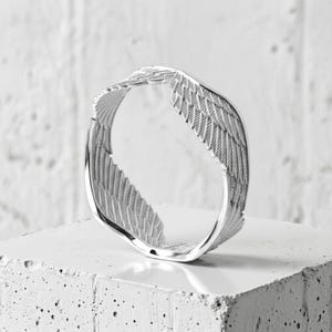 Angel Wings Ring in 925 Sterling Silver Gold Vermeil, Handcrafted Guardian Feather Band, Religious Jewelry Gift Polished Silver