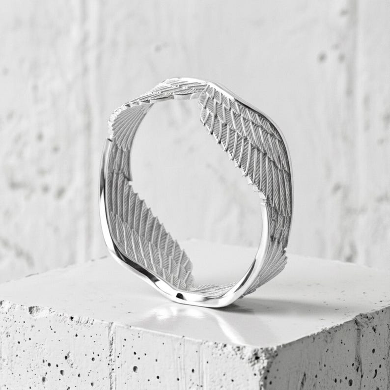 Angel Wings Ring in 925 Sterling Silver Gold Vermeil, Handcrafted Guardian Feather Band, Religious Jewelry Gift Polished Silver