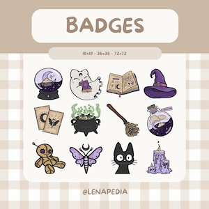 Witchy Theme Witch Items Hat, Broom, Cauldron, Magic Book, Tarot Cards, Black Cat, Potion Emotes - Badges - Twitch - Kick - Discord - Stream
