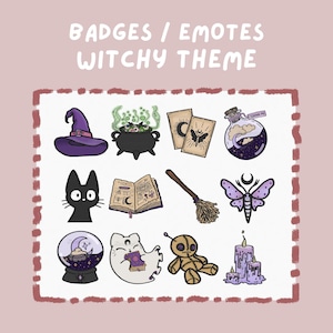 Thème sorcière, objets de sorcière, chapeau, balai, chaudron, livre magique, cartes de tarot, chat noir, émoticônes de potion - badges - Twitch - coup de pied - Discord - stream