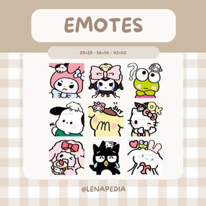 May include: A grid of nine cartoon emotes featuring various characters with different expressions. The emotes are in a cute, cartoon style with a variety of colors, including pink, yellow, green, and black. The word "EMOTES" is at the top.