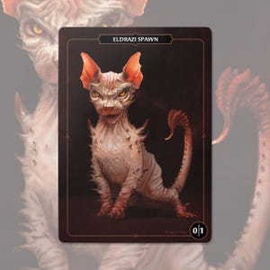 May include: A rectangular trading card featuring a hairless, pale pink creature with large ears, sharp teeth, and small spikes along its body. The card is labeled Eldrazi Spawn at the top and displays the numbers 0/1 in a circle at the bottom right.