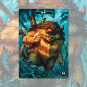 May include: A rectangular trading card featuring a furry, brown, horned beast with a wide grin holding a small white bird. The card has a blue border, the text BEAST at the top, and the number 3/3 in a circle at the bottom right corner.