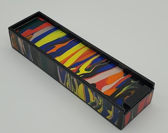 Painted Office Pencil Box with Sliding Lid, Abstract Fluid-Painted Wood #1