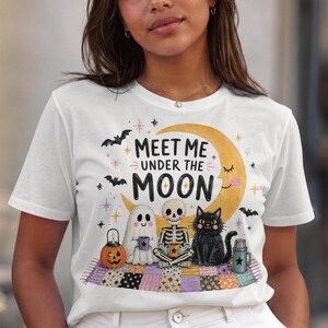 Leuke Halloween PNG sublimatie | Spookachtig skelet, zwarte kat, halve maan shirt ontwerp | Spooky Cozy DTF transfer digitale download