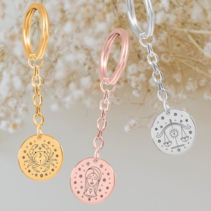Zodiac Coin Pendant Keychain • Constellation Personalized Zodiac Gift • Keyring Star Sign Celestial Astrology Birthday Present For her • Leo