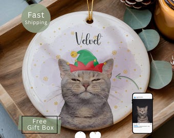 May include: A round white ceramic ornament featuring a gray cat wearing a green and red elf hat with small bells. The name Velvet is printed above the cat. The background has a light purple watercolor wash with gold snowflake accents.