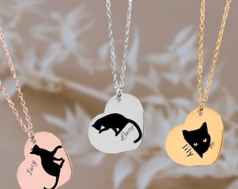 Custom Cat Name Necklace • Customized Named Cat Pendant • Cat Memorial Gift • Pet Silhouette Necklace • Custom Black Kitty Engraved Jewelry