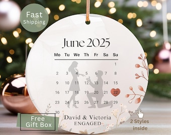 Engagement Day Keepsake Ornament, Engagement Announcement Gift, Personalized Calendar Ornament with Names, Engaged Couple Present Name Date