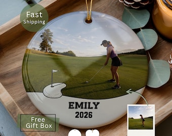 Custom Golf Christmas Photo Ornament, Golf Player Gifts, Golf Lover Keepsake, Golfer Heart Ornament, 2026 Gifts for Gold Player, Name Photo