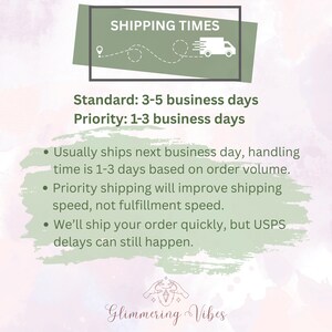 May include: An image with the text "SHIPPING TIMES" in a green rectangle. The text below states "Standard: 3-5 business days" and "Priority: 1-3 business days." Additional bullet points explain shipping details. The logo "Glimmering Vibes" is at the bottom.