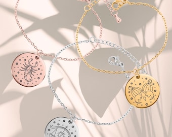 Zodiac Constellation Engraved Bracelet • Coin Pendant Astrology Jewelry Gift for Aries Leo Virgo Libra Cancer Sagittarius Scorpio Capricorn