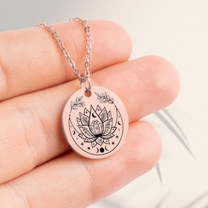Lotus Flower Necklace • Yoga Symbol Pendant • Aum Unalome Spiritual Jewelry • Engraved Coin Chain Gift for Yogi • Seven Chakra Symbols Gifts