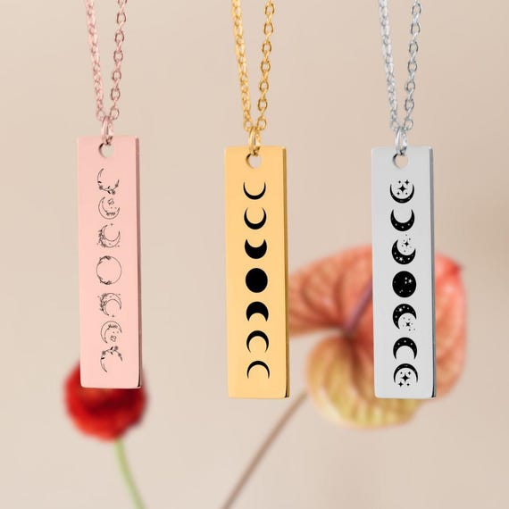 Moon Phase Bar Necklace • Half Moon Phases Charm Pendant Necklace