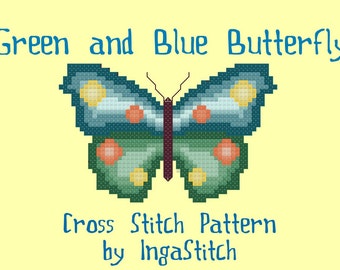 Green and Blue Butterfly Cross Stitch Pattern PDF Digital Download