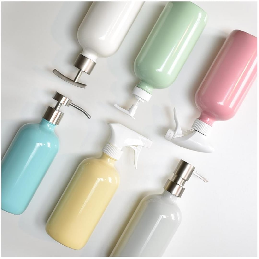 Powder Coated Glass : 16 oz Bottle with Soap Pump or Sprayer, Gift for Mom, Mother's Day - "Morning Green" - SPRAYER: Green